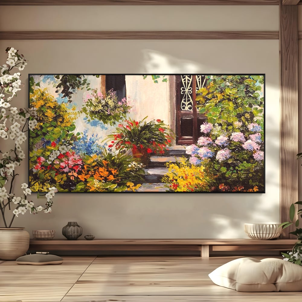 Tablou canvas cu tablou canvas cu alee florala si casa, in rama de aluminiu negru